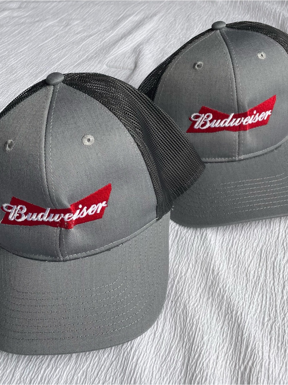 2 Budweiser Beer Gray Trucker Hats Adjustable Snapback Embroidered Logo Cap
